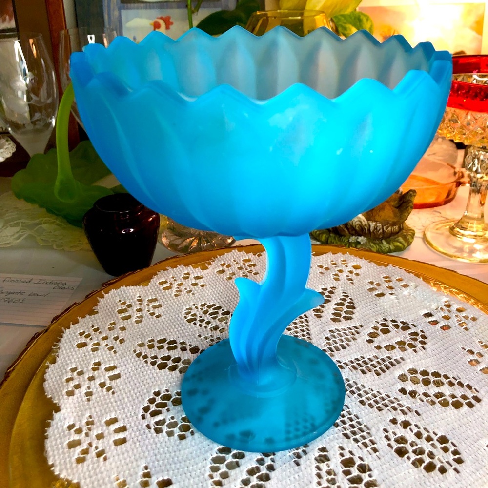 Indiana glass blue lotus flower compote